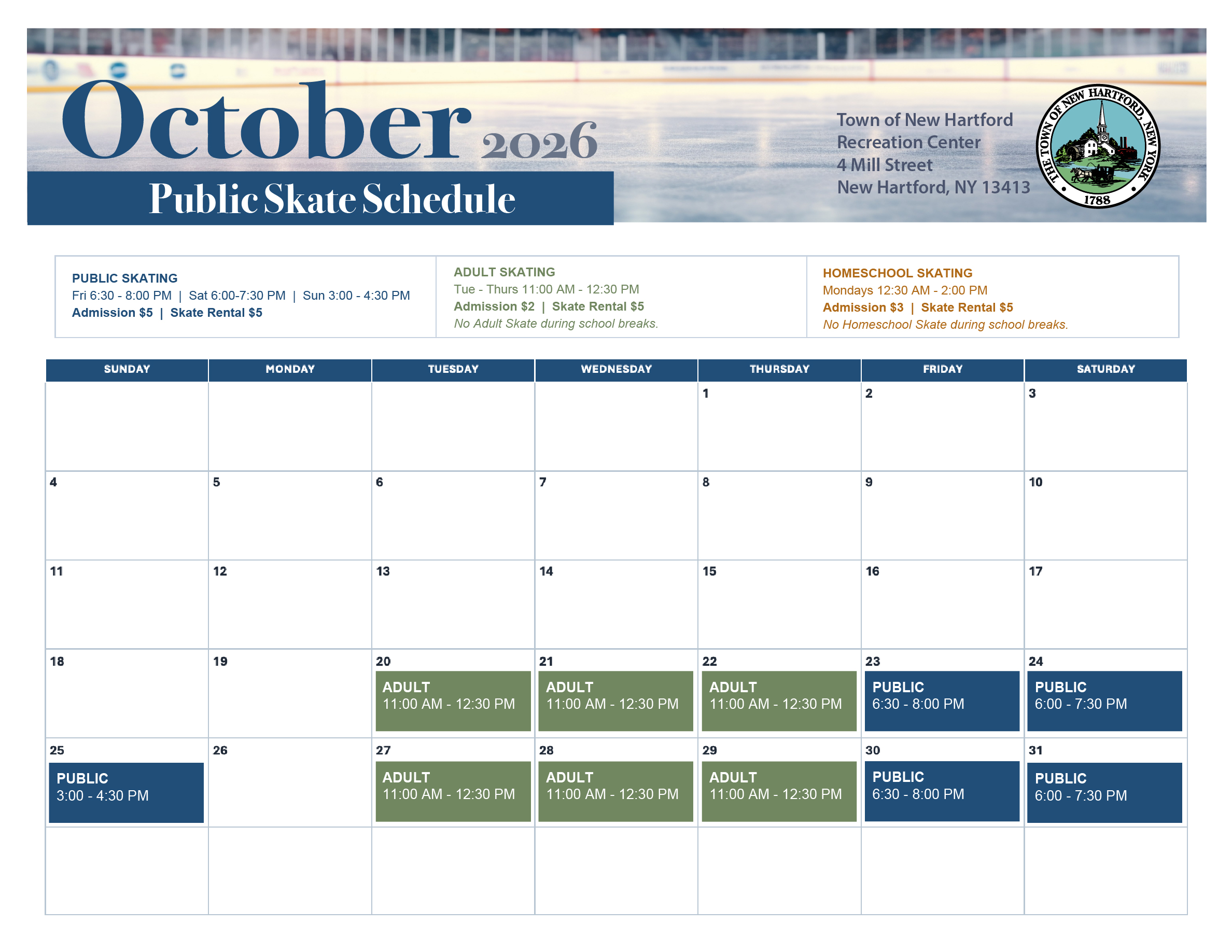 October 2026 Skate Schedule